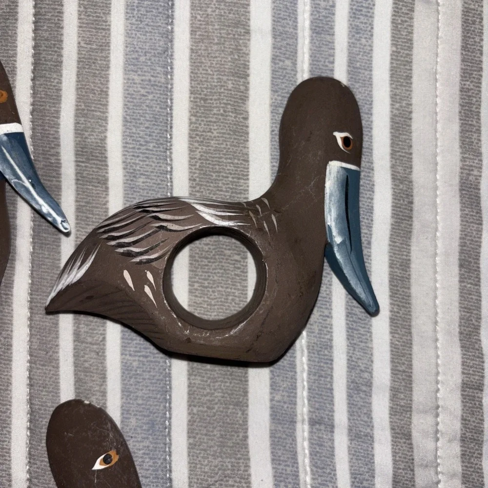 6 Pelican Napkin Ring Holders Wood Hand Carved Beach Bird Coastal Nautical